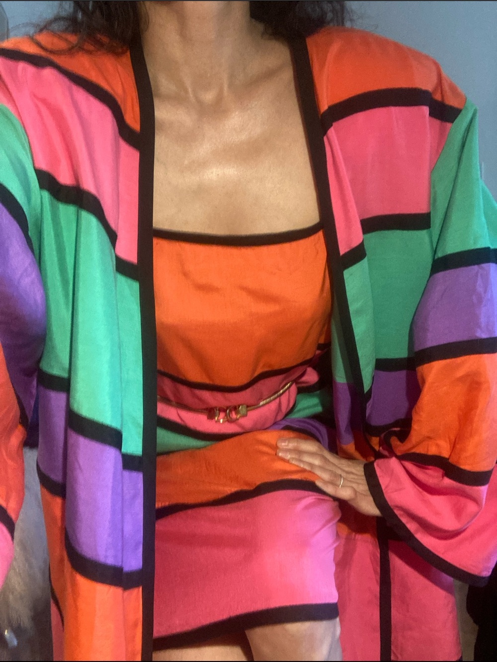 Vintage Pia Rucci Rainbow 🌈 Color Blocked Silk 2pc Set Skirt Jacket 70’s 80’s